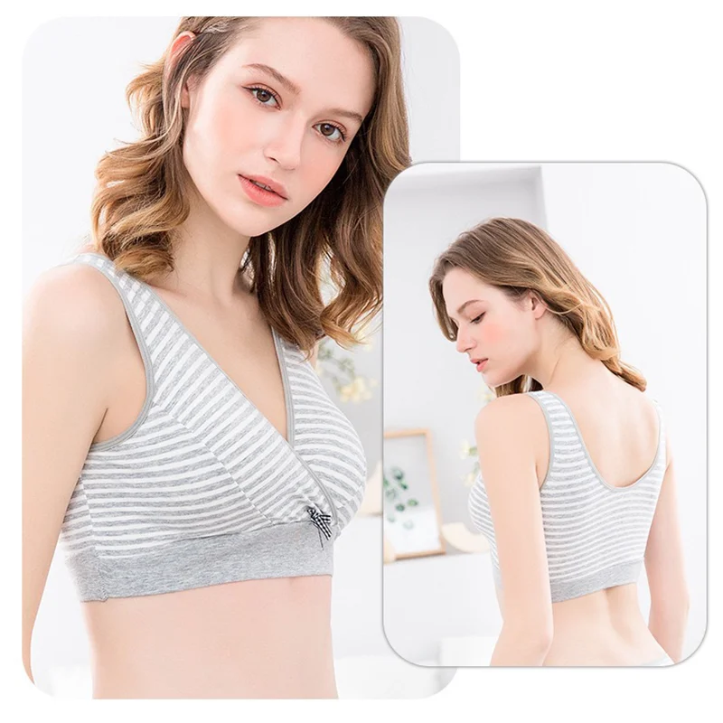 

Factory Direct Sale Crossover Breathable Pregnant Women Maternity Ladies Nursing Bra Cotton Stripe Bra for Pregnancy, Grey stripe,coffee stripe