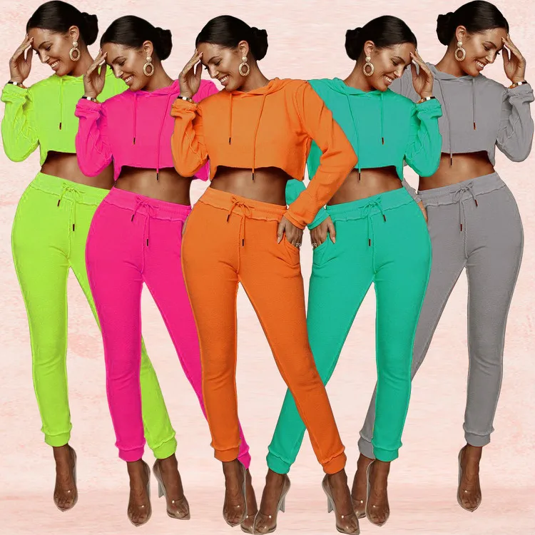

Two Piece Set Women Clothing Crop Top Two Piece Activewear Pants and Top Neon Winter Two Piece Tracksuit Women