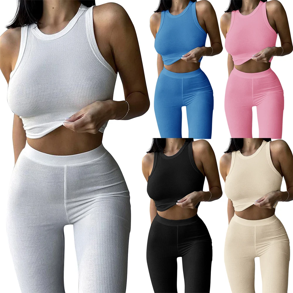 

2021 Summer rib cropped Outfits 2 Piece Set Women tank Tops Fashionable Sets Tracksuit Leggings Yoga Joggers Two Piece Pants Set