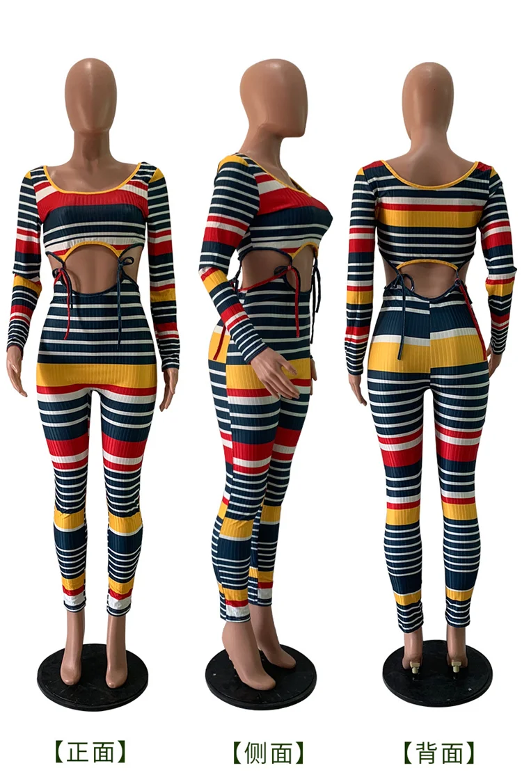 Fashion 2 PCS Outfits Tracksuit Rib Colorful Striped Cutout  Long Sleeve Fall Women Clothing Two Piece Set