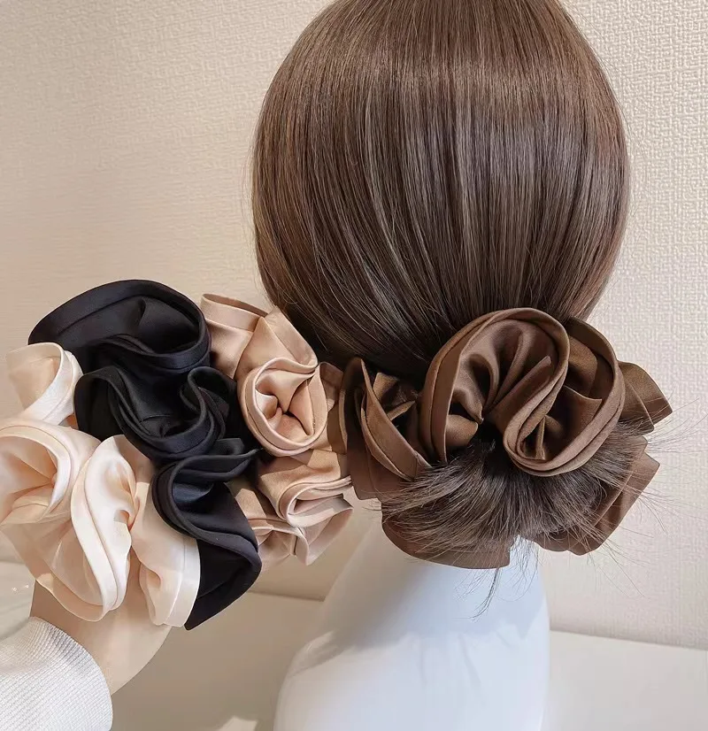 

Trendy XXL Silk Satin Hair Scrunchies Accessory Flower Shape Oversized Elastic Wave Scrunchies Hair Ponytail Tie for Girls Women