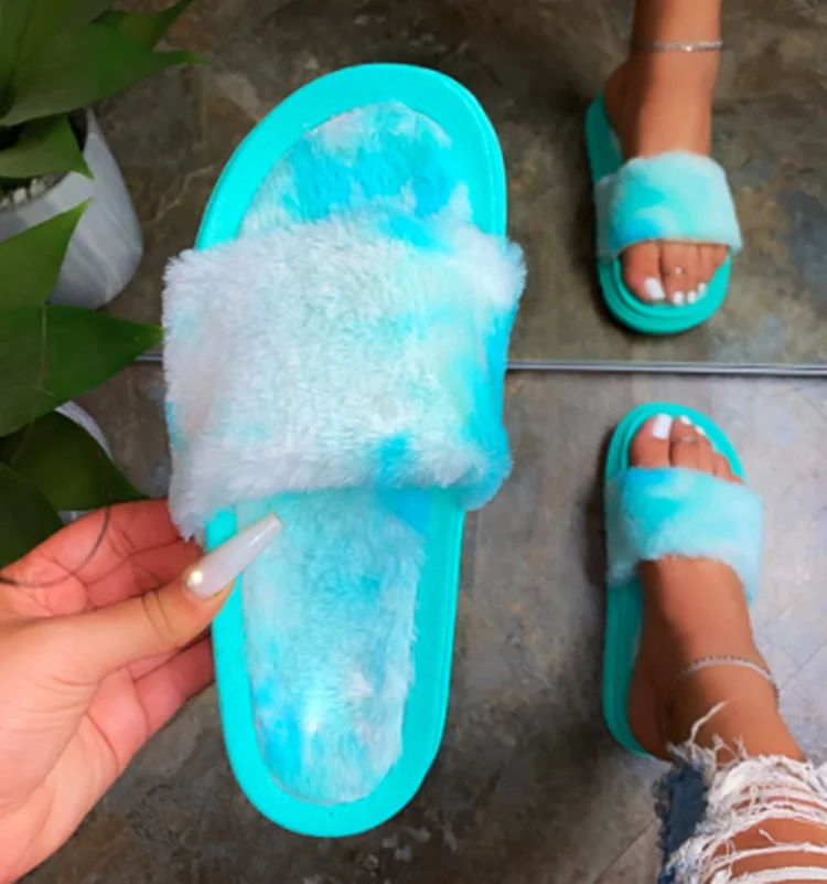 

2021 New Arrival Women Winter Fur Slip-On Sandals Lightly Padded Insole Ladies Home indoor Flurry Slide Slippers, Black ,blue