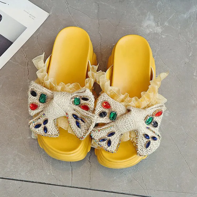 

women bowknot decoration shoes platform silk ribbon slides plush thick sole bow slippers outdoor lady sandals, Yellow,white,black,pink