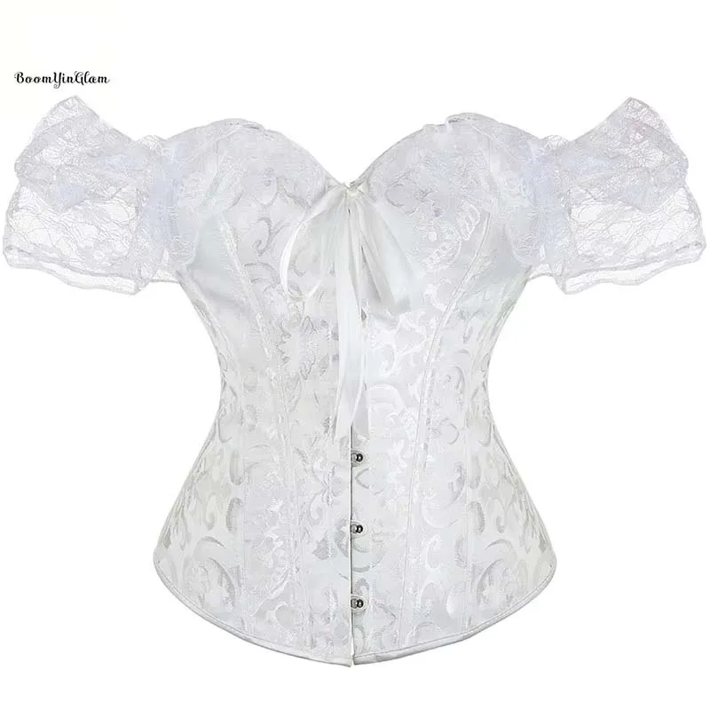 White Color Off Shoulder Sexy Bubble Sleeve Top Corset Floral Brocade Victorian Bustier Jacquard Bodyshaper Plus Size