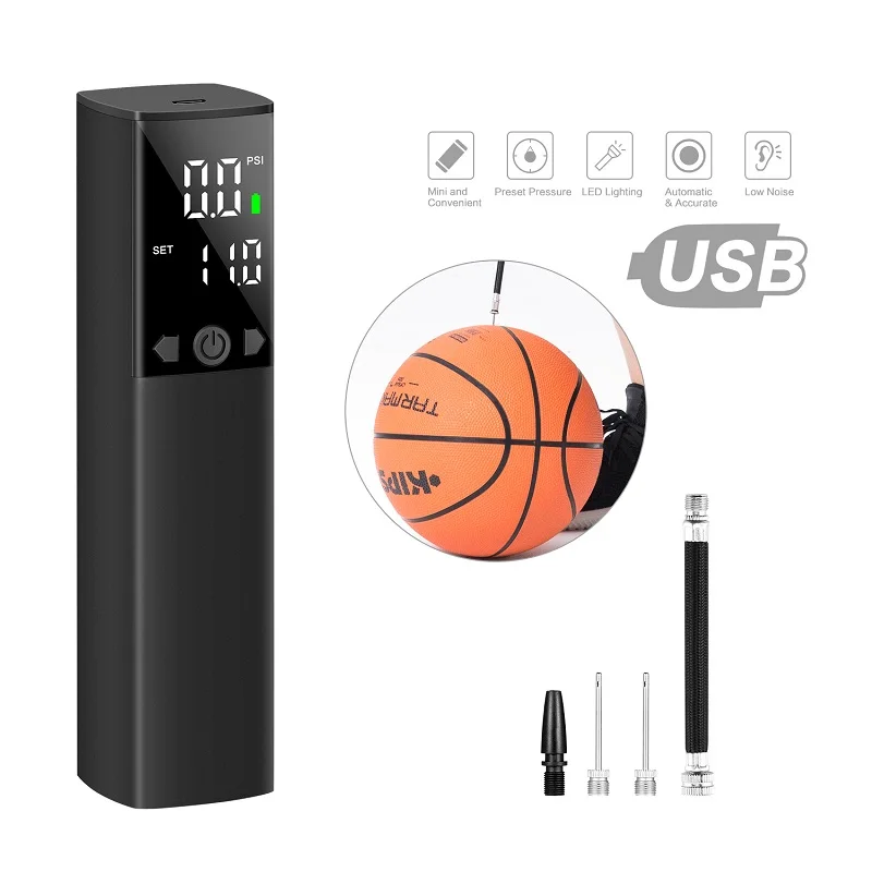 

In stock Portable Rechargeable Multifunctional Wireless Mini Electric Air inflator with Pressure Gauge Car air pump, Black or customized multi options