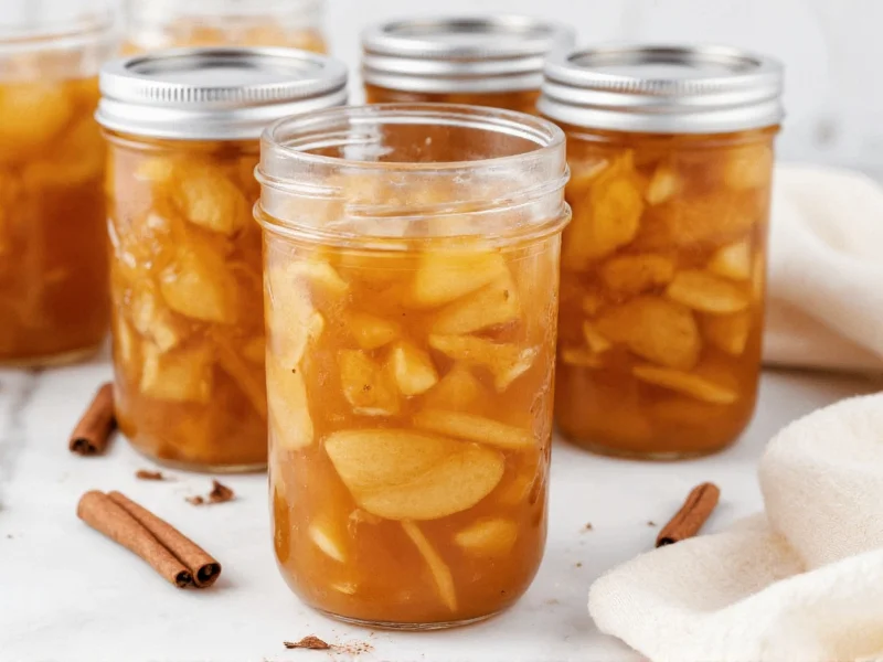 Homemade apple pie filling in mason jars with cinnamon sticks