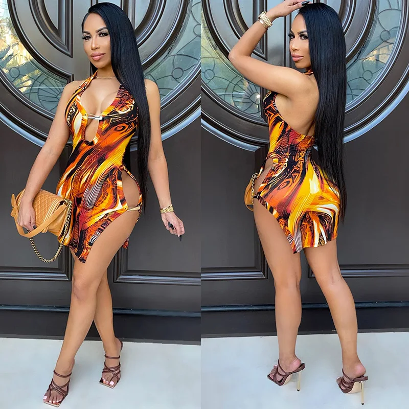 

M53009 - new arrivals 2021 sexy fashion printed sleeveless halter plus size backless women mini dress