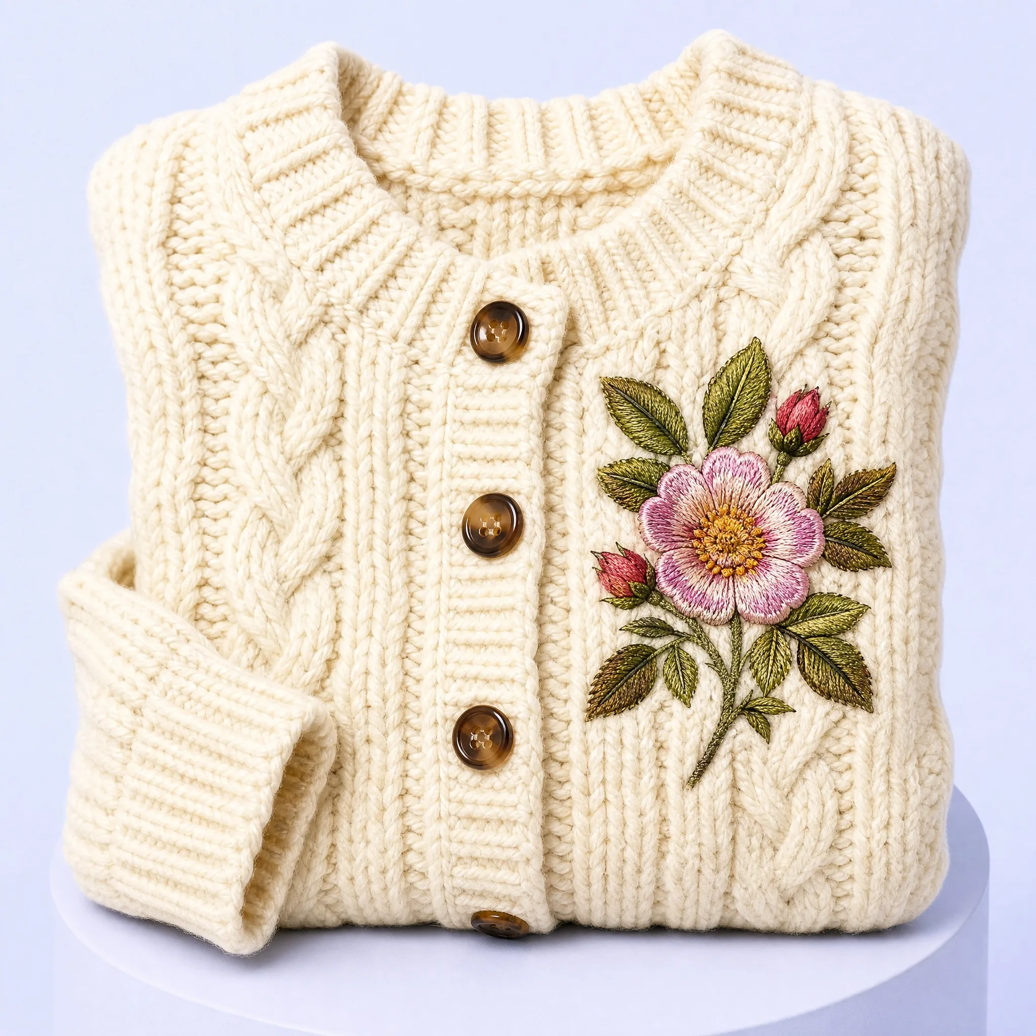 Cream Wool Cable Knit Cardigan Sweater with Wild Dog Rose Floral Embroidered Patch Embellishing Left Chest