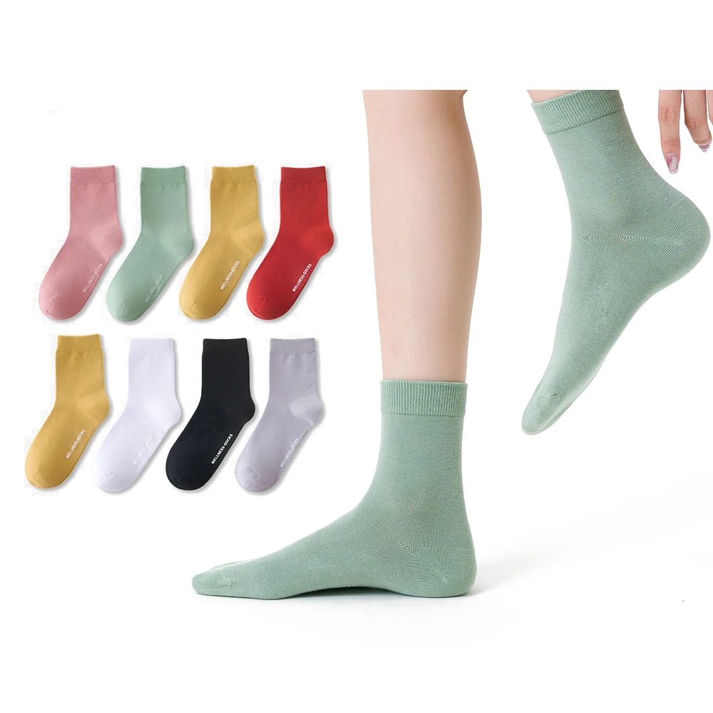 

OEM Custom logo winter summer fashion colorful breathable Cotton solid color women mid tube crew socks