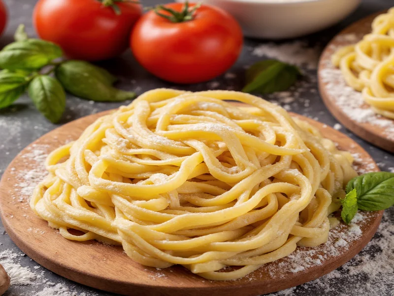 Fresh pasta dusted with flour on wooden board