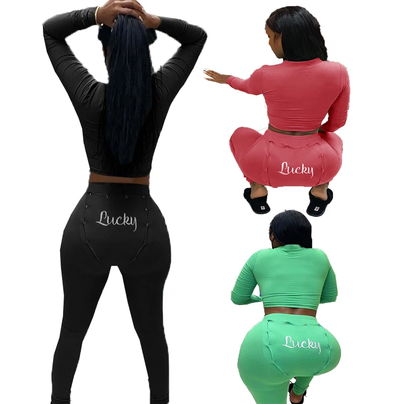 

New Arrival Long Sleeve Pant Pajamas Lucky Lable Two Piece Set With Butt Flap For Women