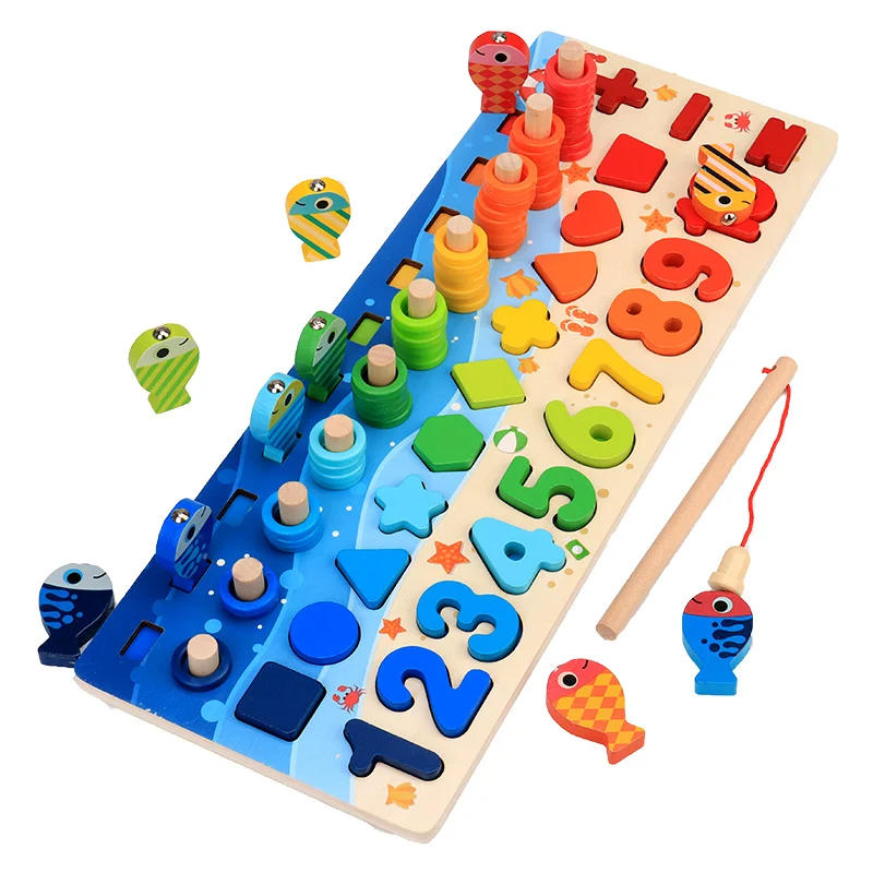 

Montessori Educational stacking game geometry matching board kids Math Ocean Fishing Count Numbers Toy wooden fishing toy