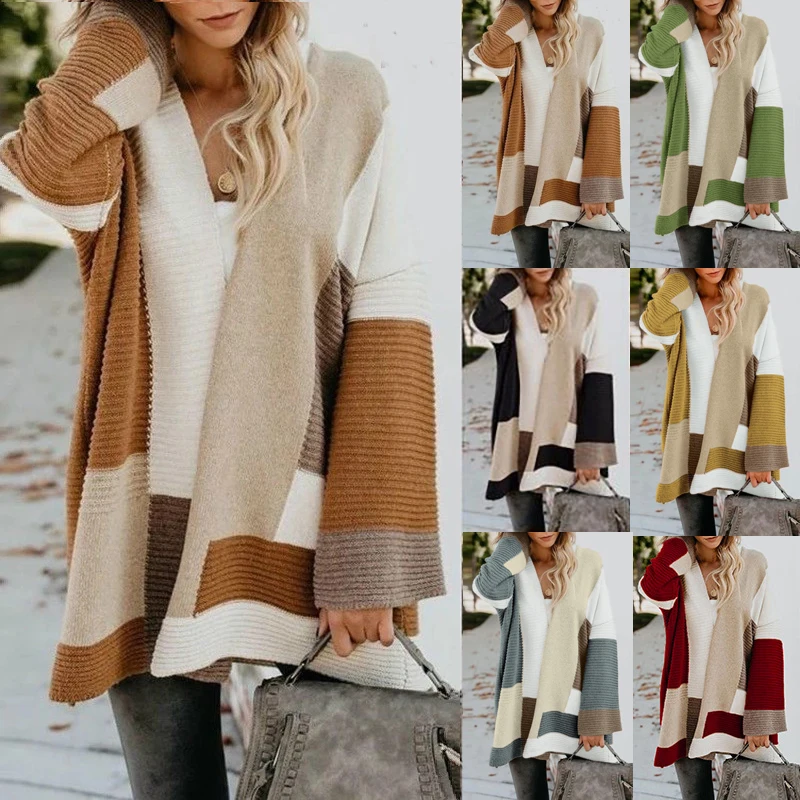 

Wholesale Womens Cardigans Color Block Striped Draped Kimono long Cardigan Sweater Open Front Casual Knit Sweaters Coat, As the piecture show