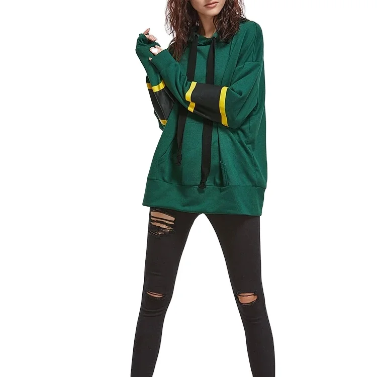 

OEM Women Customized Oversized Splicing Sleeves Women Drawstring Pullover Green Hoodie