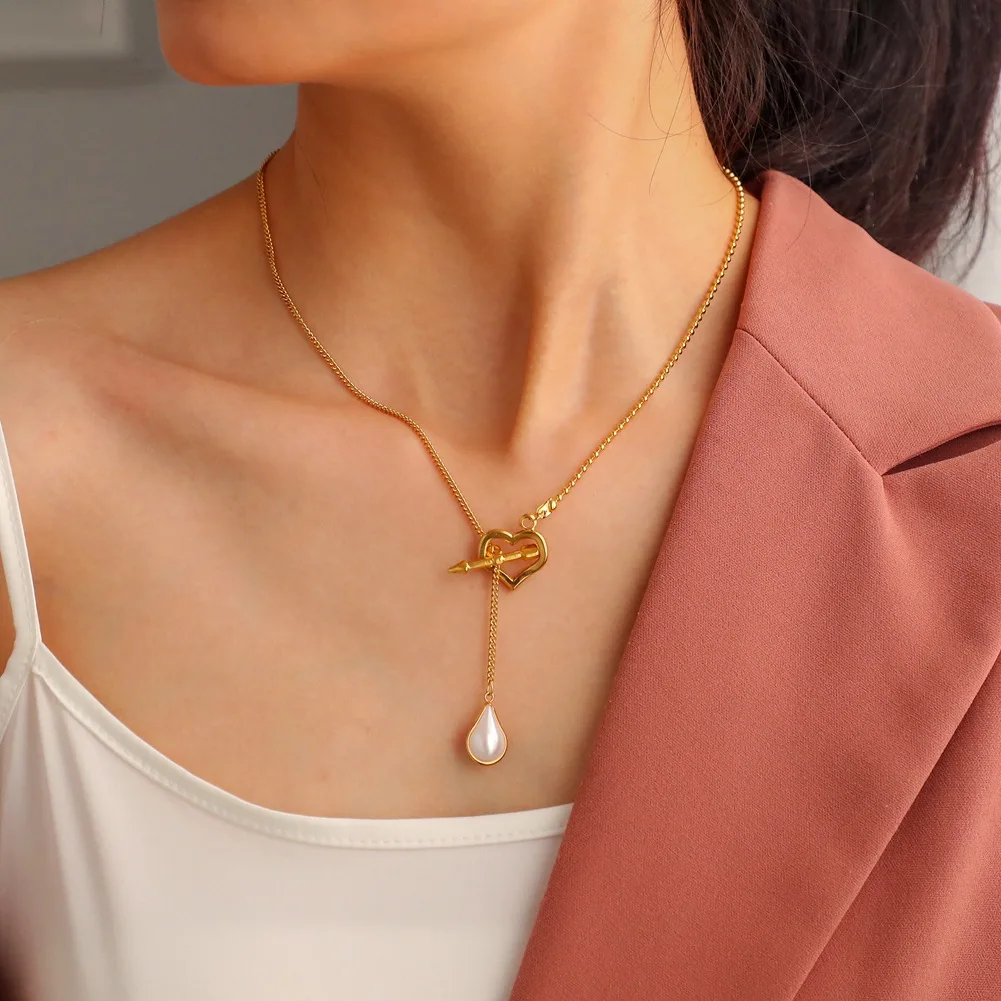 

HongTong Selling Necklace Fashion 18k Gold Plated One Arrow Pendant Water Drop Pearl Necklace, Picture