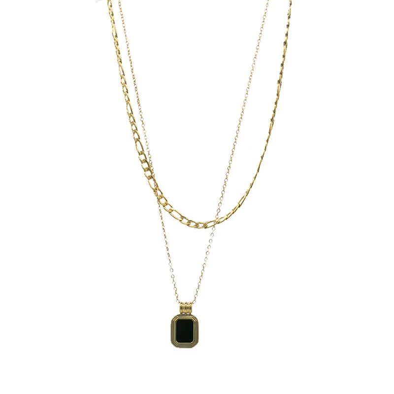 

2021 vintage double layer stainless steel gold plated necklace with black square pendant necklace