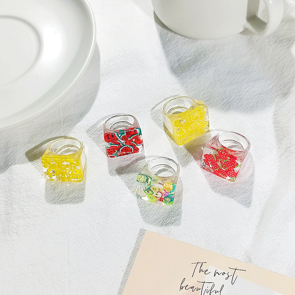 

Cheap customised jewelry square resin ring transparent fruit lovely acrylic ring for women