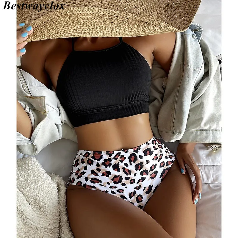 

Bestway Leopard Swimsuits 2021 High Waist Swimwear Women Ribbed Bikini Set Halter Beachwear Push Up Bathing Suits Biquini