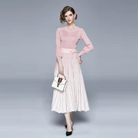 

New Design Fashionable Knitting Blouse Pleated Skirt Pictures Office Dresses For Ladies Knitted Dress With PU Belt Maxi Dresses