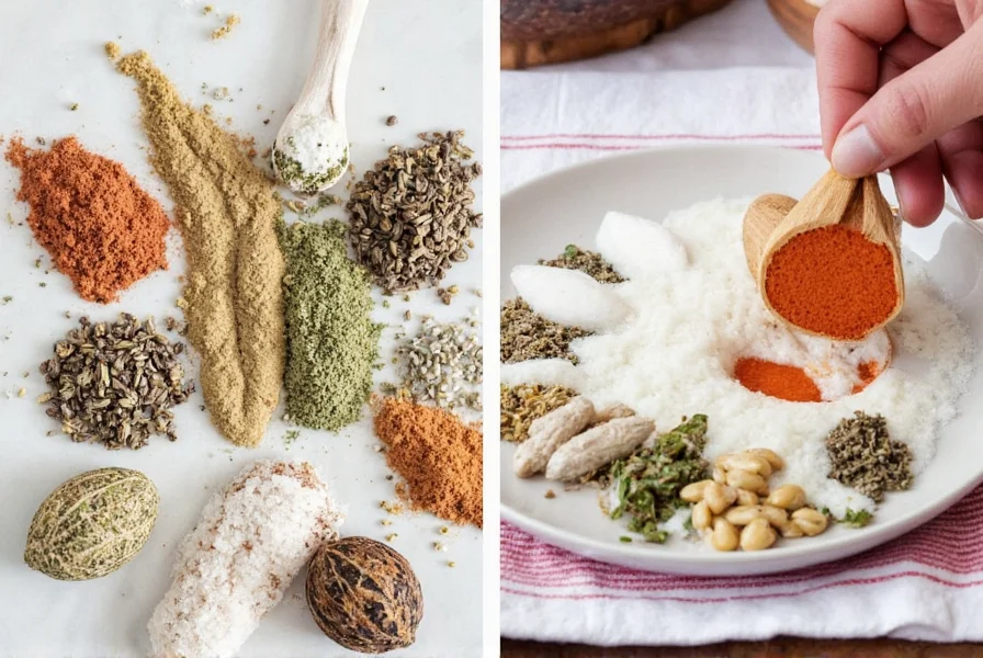 Kitchen table with salt and spices arranged neatly