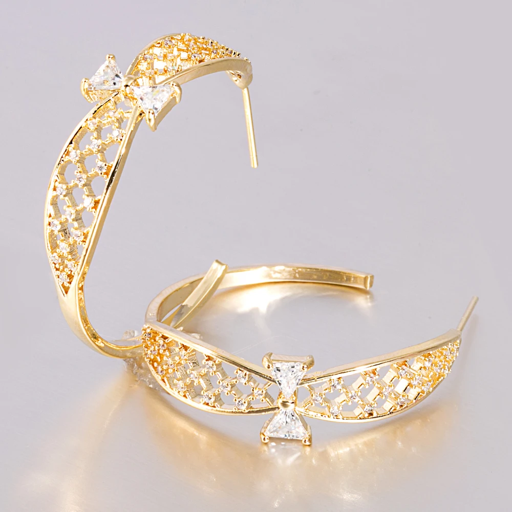 

925 Silver 3.5cm Big Circle Shiny Zircon Butterfly Section Earrings for Women 2021, Gold&silver