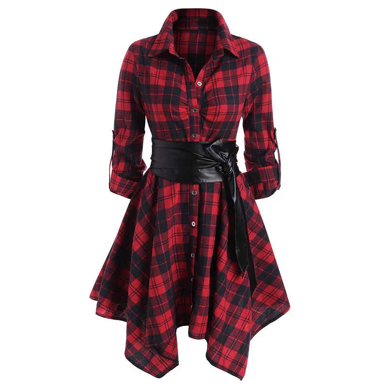 

Autumn Fall New Retro Plaid Button Waistband Women Dress Long Sleeve Patchwork Irregular Shirt Dresses