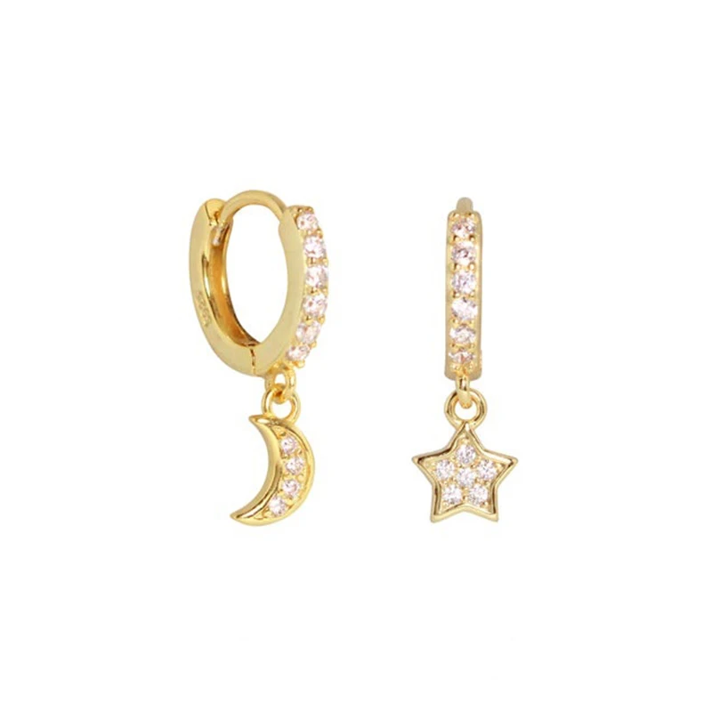 

s925 sterling silver fashion star and moon diamond huggie earrings