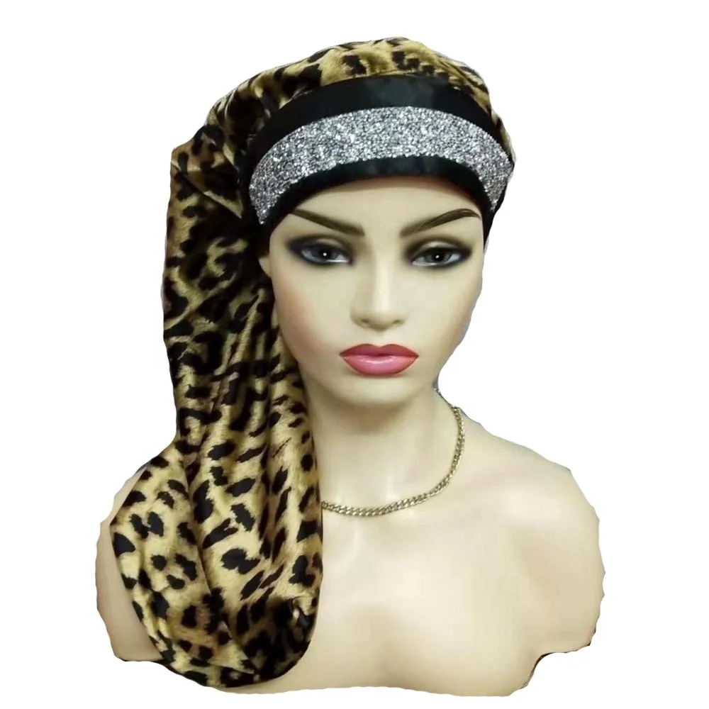 

Cheetah Luxury Diamond Long Strap Satin Bonnets Edge Control Wrap Tie Extra Large Soft Silk Bling Bonnet