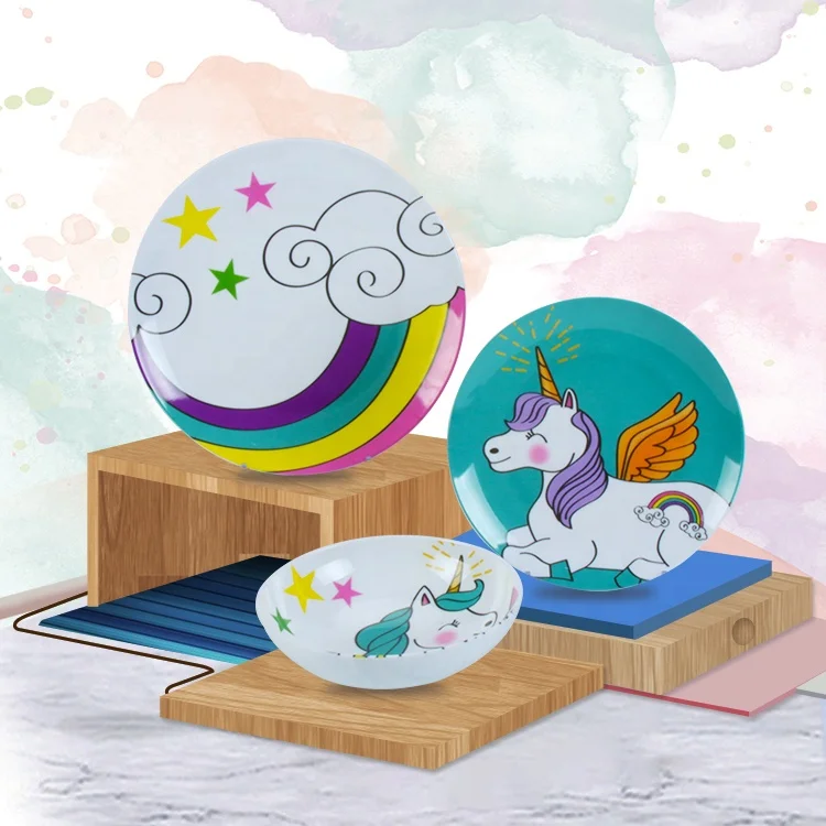 

Eco Friendly Food Grade Unicorn Plastic Baby Kids Plates And Bowl Tableware Set Melamine Kids Tableware For Child