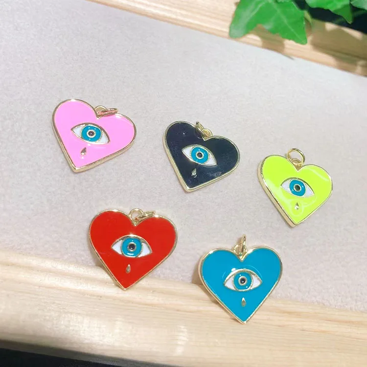 

JS1581 Gold Plated brass multi colored enamel heart evil eyes charms Pendant