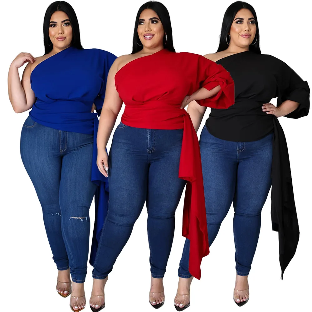 

2021 Unsymmetrical top with sloping shoulders puffed sleeves solid color plus size tops and blouse, As pictures