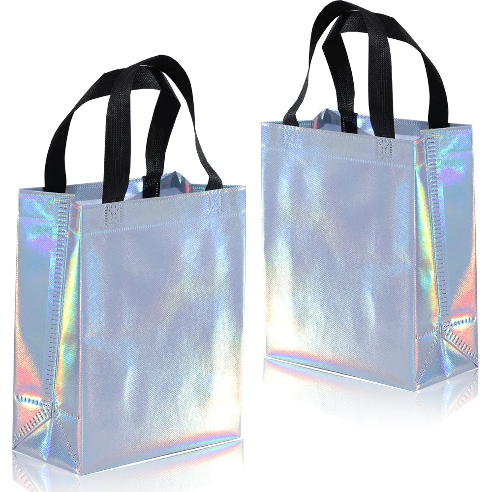 

Laminated recycled Tote Bag Laser Metallic & Iridescent Non-Woven for Grocery & Christmas Gifts holographic shopping bag custom