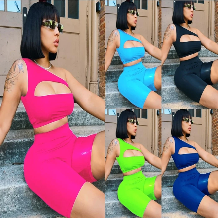 

Customized Wholesale casual woman set strap vest solid color sport summer outfits crop top women two piece sets