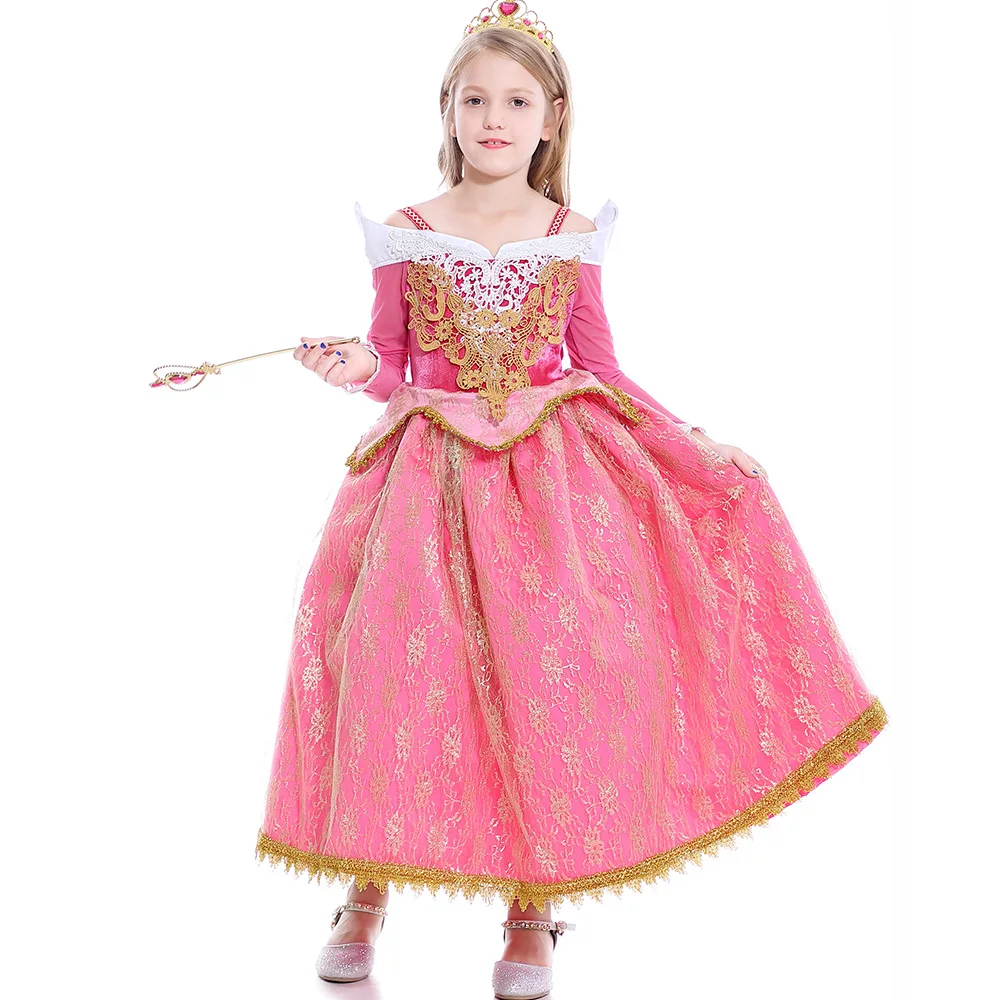 

2021 Girls Dress Sleeping Beauty Princess Aurora Lace Dress Cosplay Performance Costume, Pink