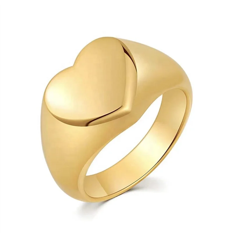 

MICCI High End Wholesale Custom Non Tarnish Free Waterproof Jewelry 18K Gold Plated Stainless Steel Big Signet Chunky Heart Ring, 18k gold color