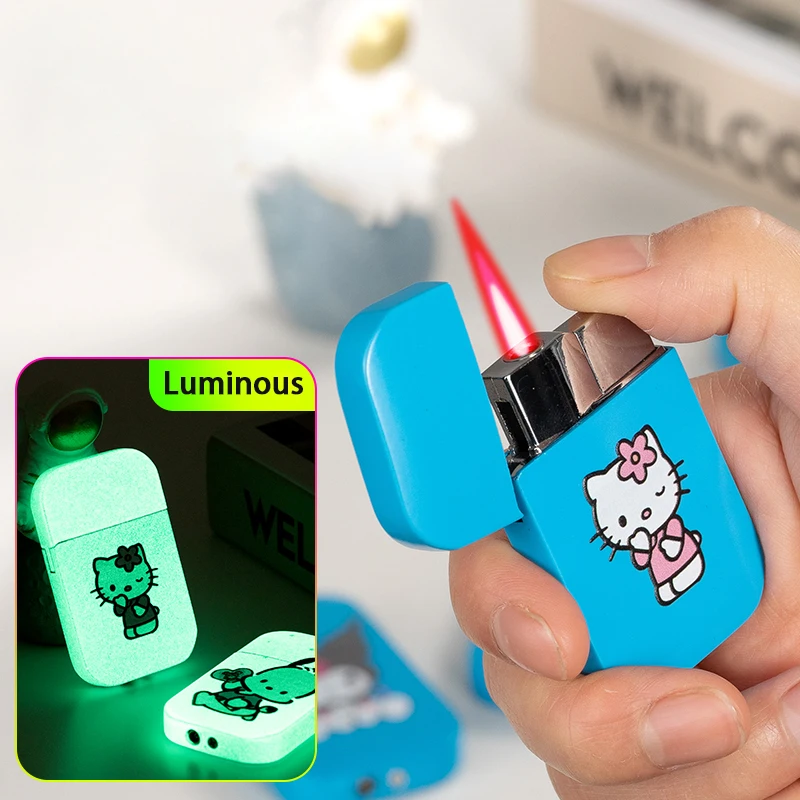 

Hello kitty lighter Blue Luminous Windproof Pink Flame butane gas lighter melody kulomi dog cute cartoon girl's lighter