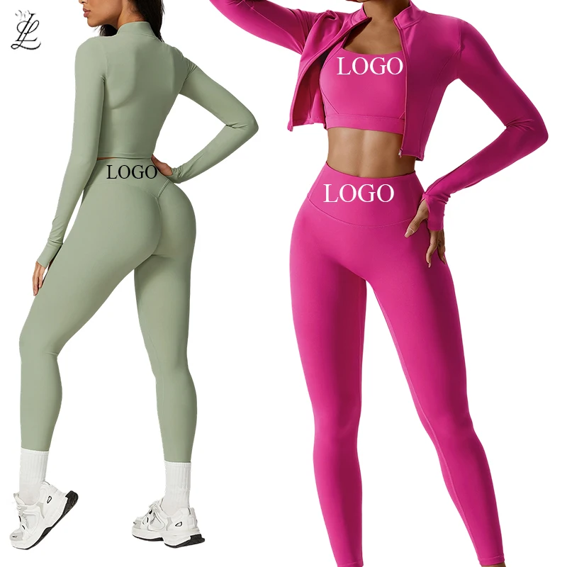 3 Piece Yoga Leggings Long Sleeve Sportswear Set