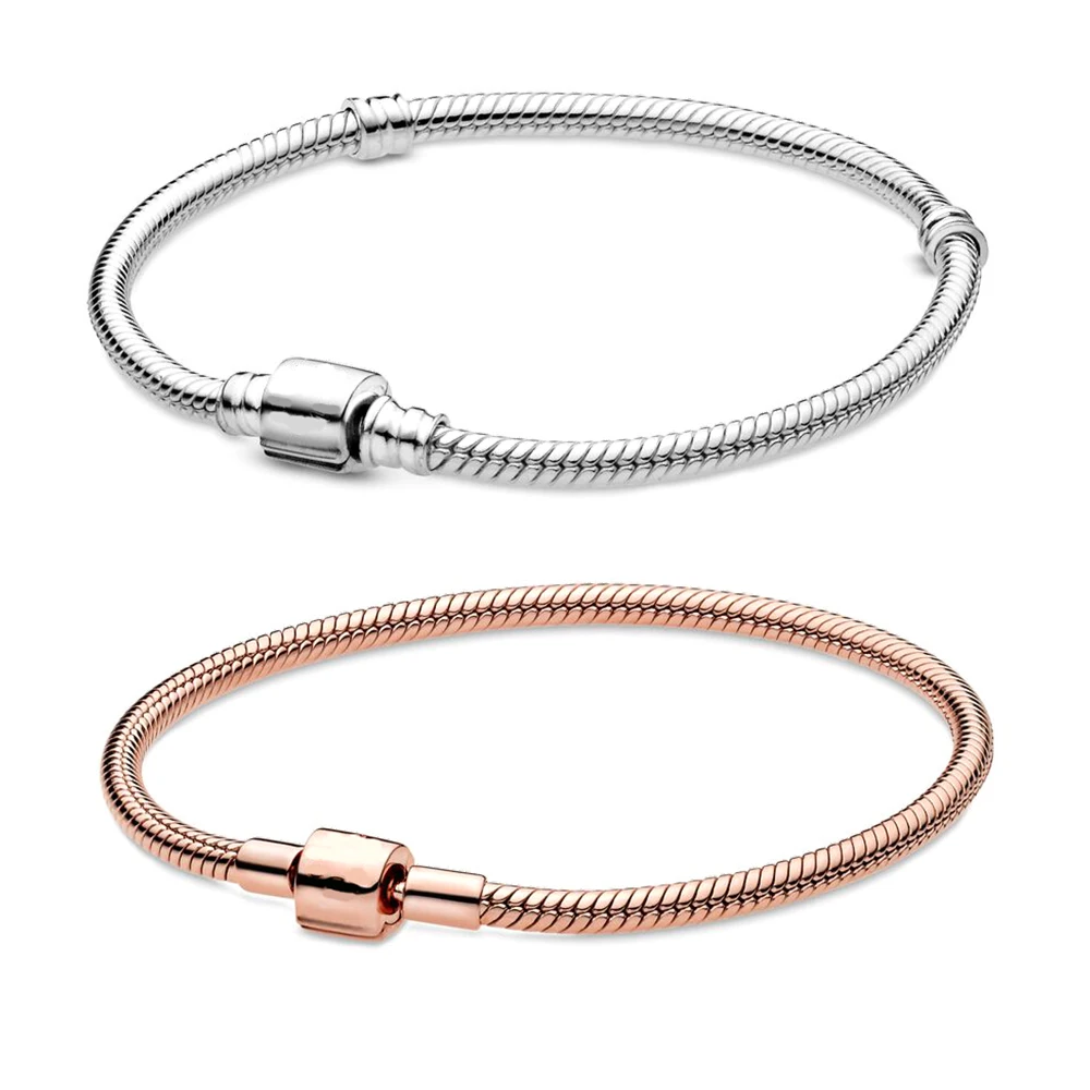 

NEW 2021 100% 925 Sterling Silver Spring Moments Barrel Clasp Snake Chain Bracelet Fit DIY Women Original Fashion Jewelry Gift