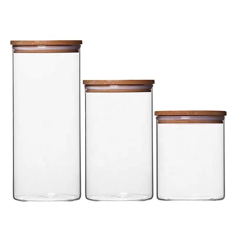 

Supplier Wholesale High Borosilicate Glass Storage Jars with Bamboo Lid Cylinder Cereal Container with Sealing, Transparent