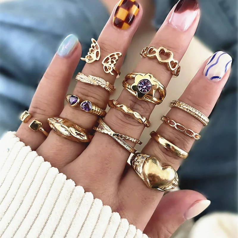 

13 Pcs/Set Fashion Purple Diamond Flower Peach Heart Ring Butterfly Leaf Square Opening Hollow Irregular Ring Set Holiday Gift, Gold