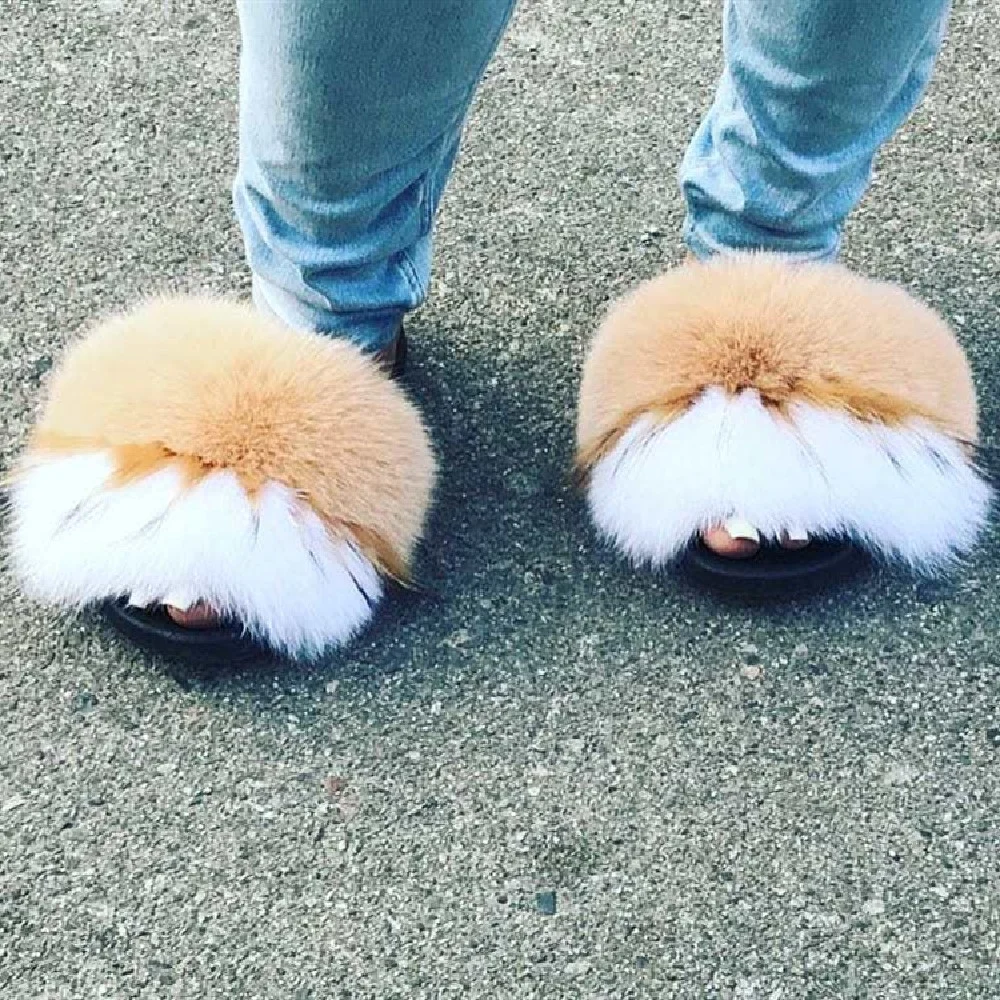 

Female Furry Flip Flops Casual Women Spring Summer Real Fox Fur Feather Fuzzy Slippers Open Toe Fur Sandals Slides, Color matching or can be customized according to requirements