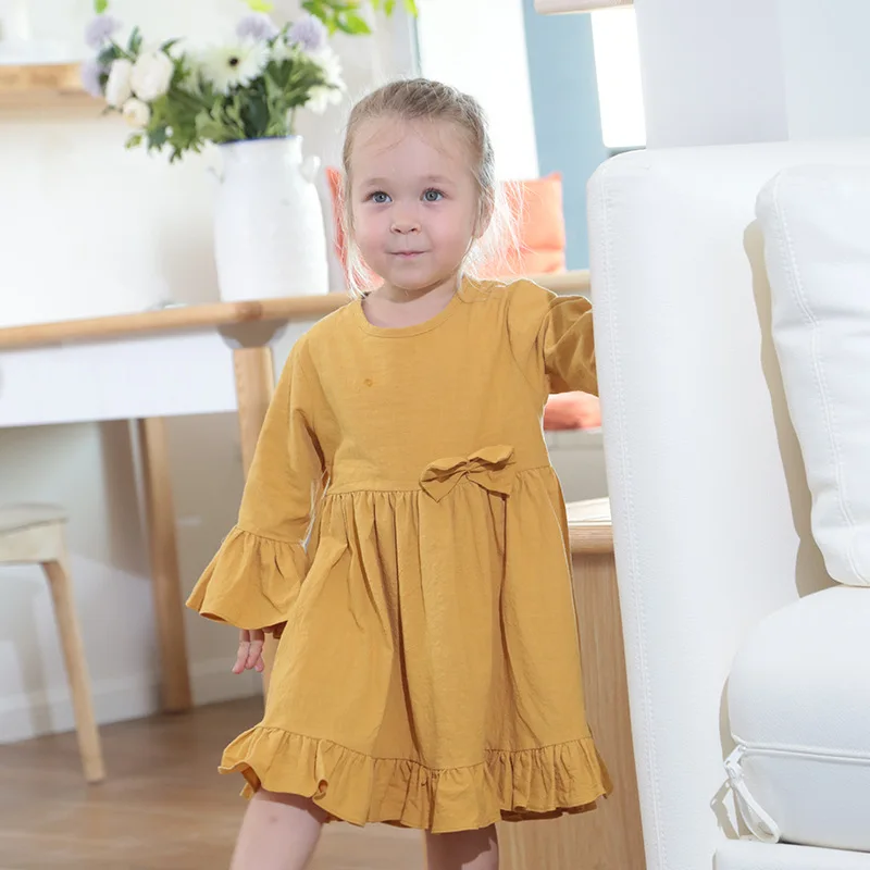 

High Quality Little Girls Lotus Leaf Sleeve Cotton And Linen Dress Baby Girl Dress Girl Dress, Yellow