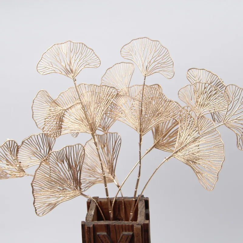 

O-X458 Wholesale cheap price plastic gold flowers home wedding decor Artificial Gold Ginkgo Leaf for floral arrangement