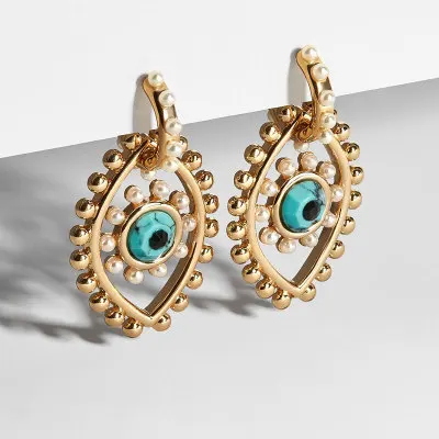 

Europe Retro Trendy Hollow Geometric Evil Eyes Pearl Earrings Real Gold Plating Evil Eyes Earrings For Women