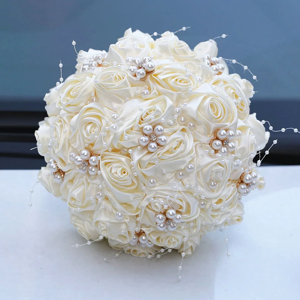 

Custom White Ribbon Wedding Flowers Bouquet Pearl Crystal Wedding Bridal Bouquet