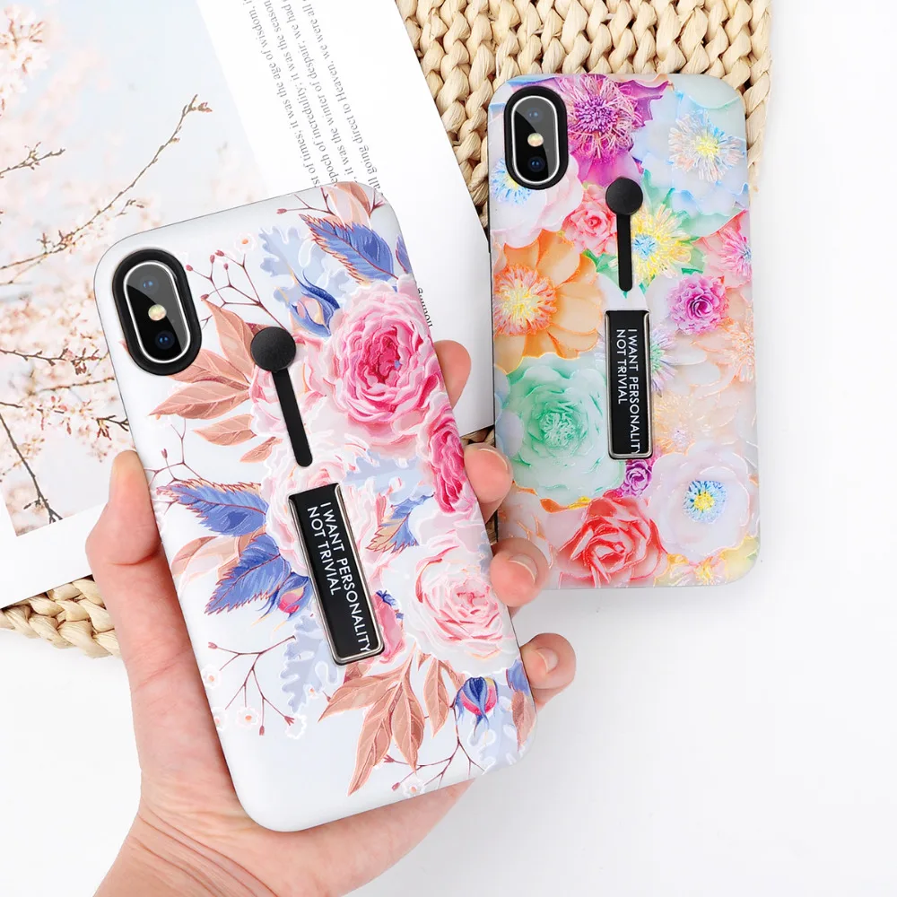 

Rose Peony Flower Soft silicon Ring Holder Phone Case For iphone X XS XR XS Max 6 6S 7 Plus Vintage Hide Stand Back Cover