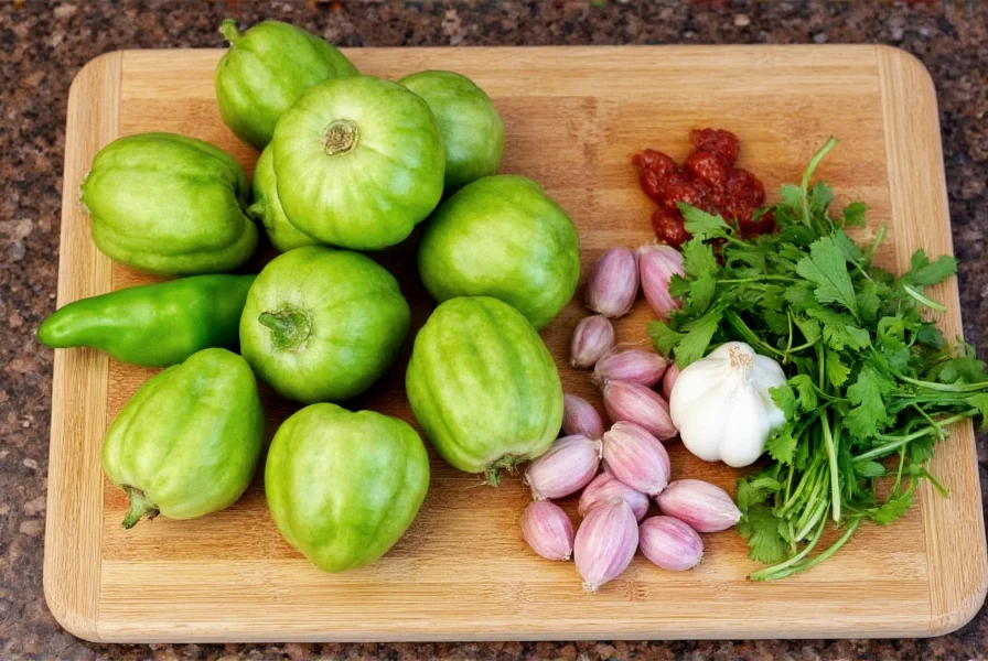 Fresh tomatillos with husks removed, serrano peppers, pork shoulder, cilantro, and garlic arranged on wooden cutting board for authentic chili verde recipe