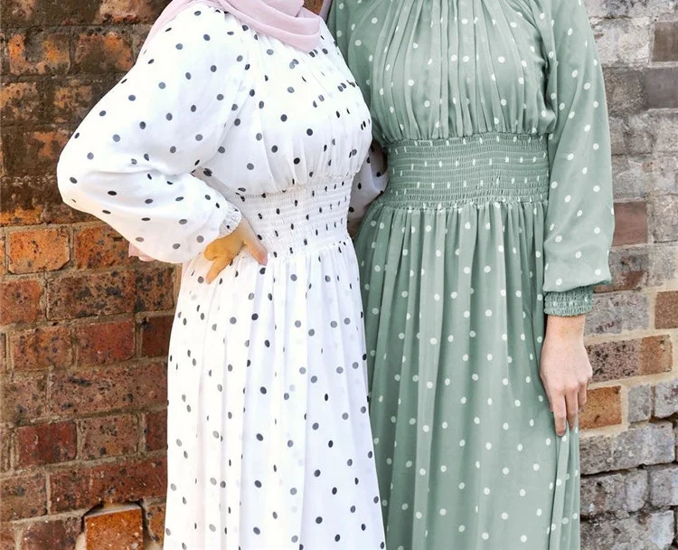 

Stylish Design Dot Women Dresses Party Malaysia Modern Outwear Long Sleeves Summer Islamic Clothing, Green.white