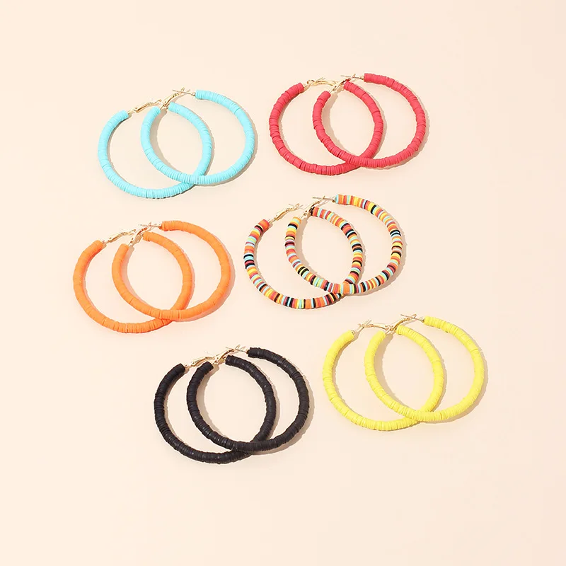 

Retro Vacation Party Gifts Native Macaron Colour Heishi Stud Ear Buckles Circle Rainbow African Vinyl Disc Beaded Hoop Earrings