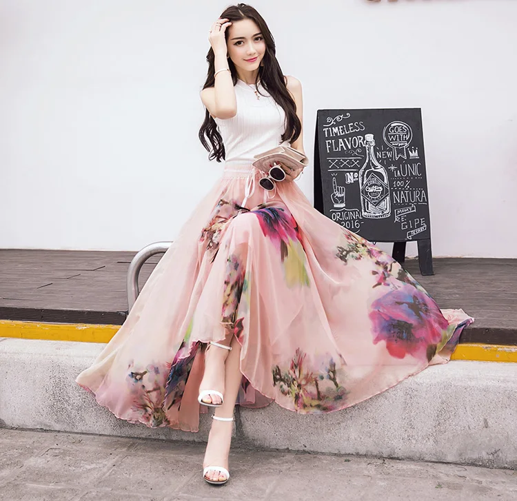 

qz1211 Women Full/Ankle Length Blending Floral Print Maxi Chiffon Long Skirt Beach Skirt Ladies Bohemian Skirts Saias Clothing, Multicolor